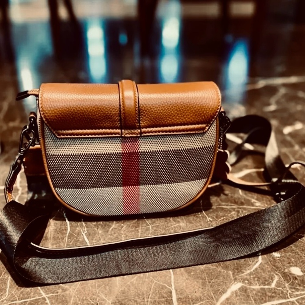 Genuine Leather and Woven Checked Mini Crossbody - Picture 2 of 15